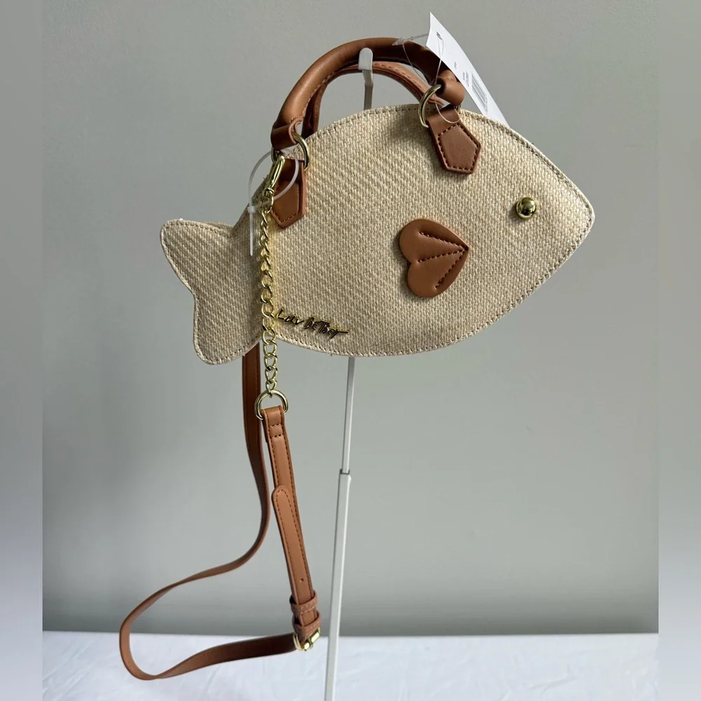 Betsey Johnson Beige Fish-Shaped Crossbody with Brown Trim